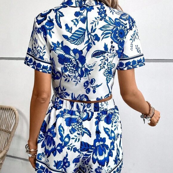 Multicolor Casual Womens Floral Print Knot Front Blouse & Shorts - Picture 2 of 5